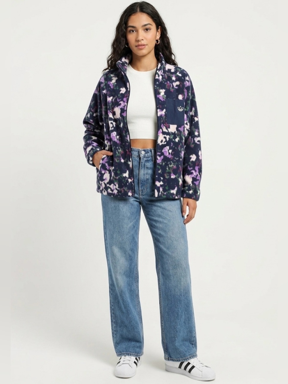 adidas Originals Women XL Floral Fleece Full Zip Jacket Trefoil Pocket Navy